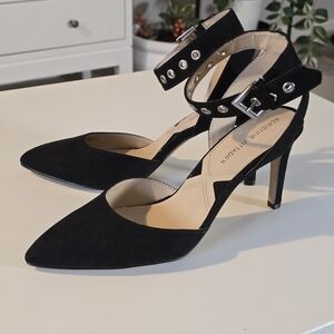 Adrienne Vittadini Black Suede Leather High Heel Ankle Strap Shoes